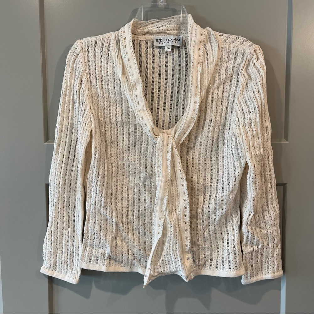 NWT St. John Evening Size Small Ivory Top Front Tie Blouse Rhinestone